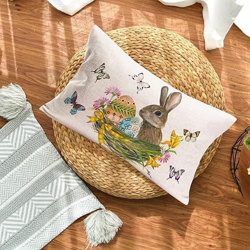Miniatura 5 de Fundas de almohada de primavera y Pascua con diseño de huevo de conejo de 12 x 20 pulgadas, fundas de almohada de mariposa y hojas florales, conejo,