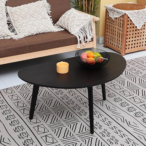 Miniatura 4 de FIRMINANA Mesa auxiliar ovalada negra pequeña para espacios pequeños, mesa central simple y moderna con patas de madera de roble, color negro, 18.9