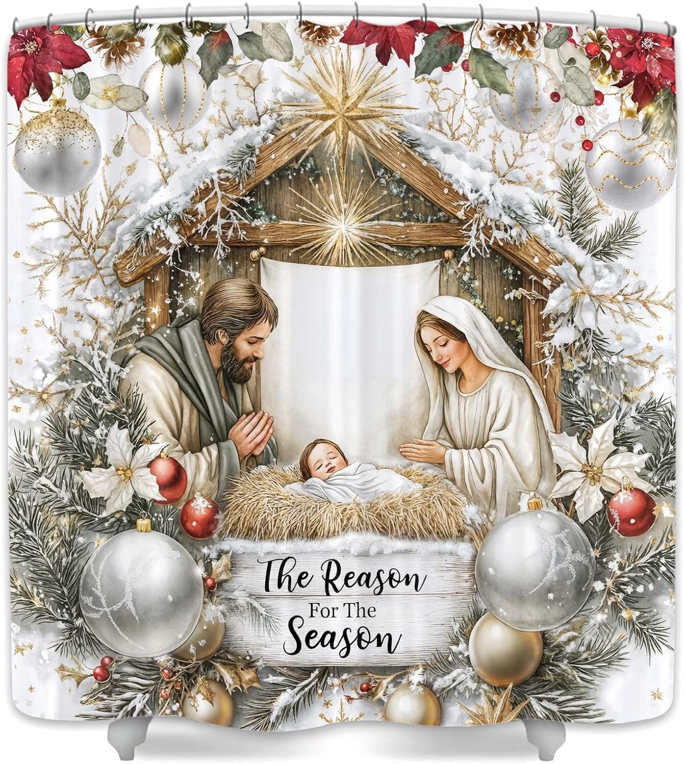 JAWO Christmas Shower Curtain Bath Curtains Set Bathroom Holiday Decor Waterproof Fabric Shower Curtains with Hooks