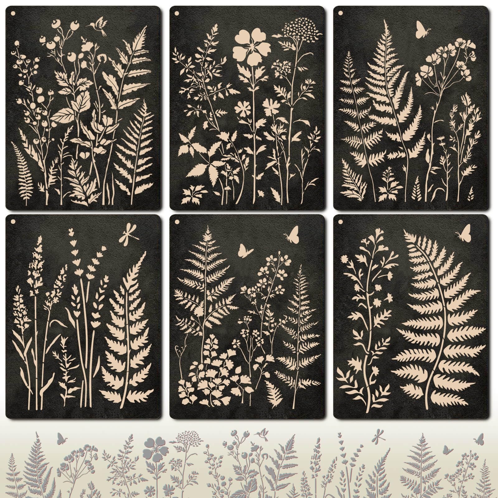 Cuxawamiyo Wall Stencils Set of 6, Large Reusable Painting Stencils with Botanical Fern and Floral Design for Furniture, Walls and DIY