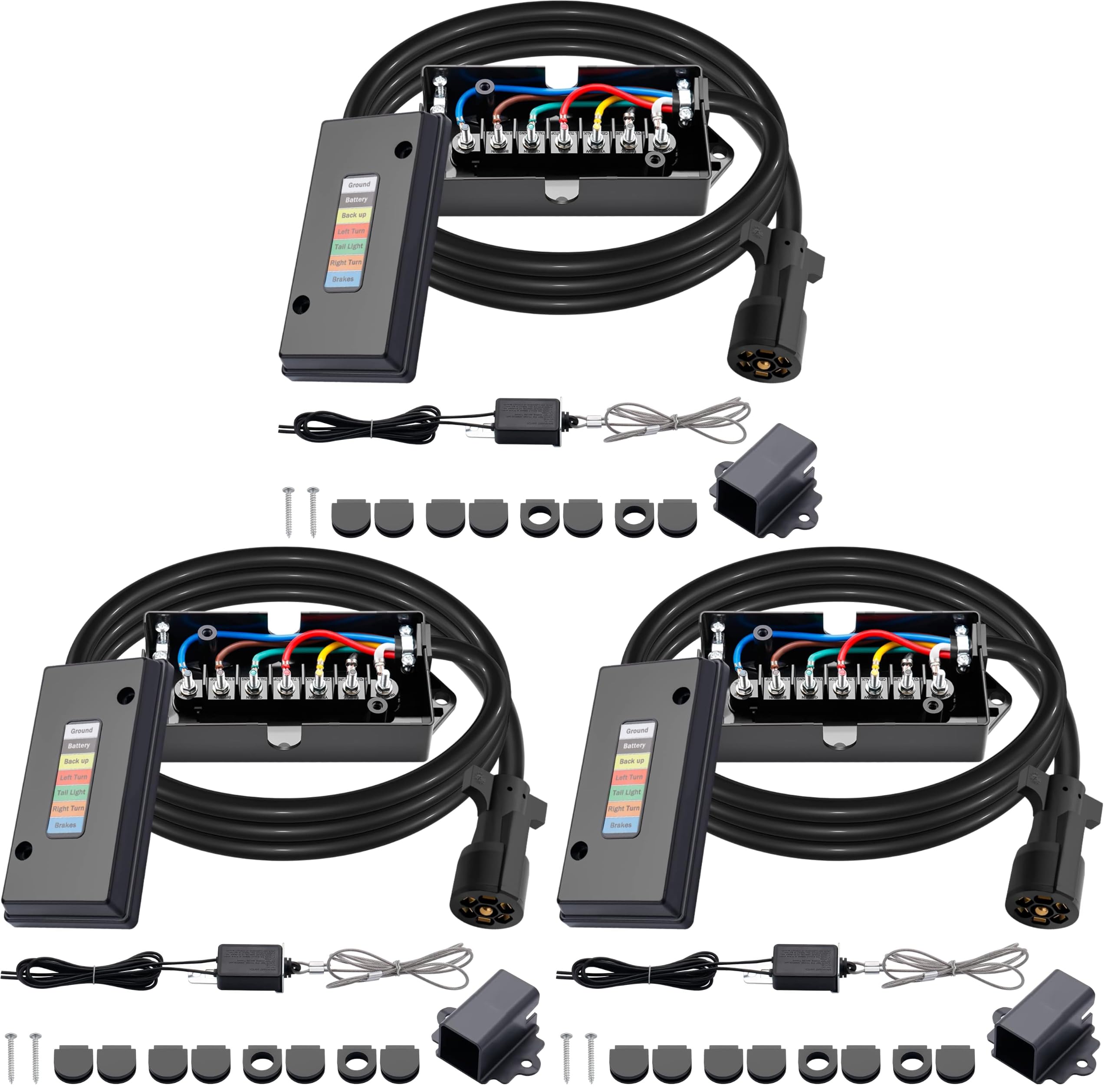CheeMuii 7 Way Trailer Cord and 7 Gang Junction Box Kit with 12V Breakaway Switch and Plug Holder Heavy Duty 8 FT Trailer Wiring Harness Kit for Trailers RVs Campers (Pack of 3)
