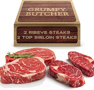 Grumpy Butcher 4-Steak Gift Box: 2x 12oz Ribeye + 2x 6oz Top Sirloin USDA Choice Angus Beef - Frozen Gourmet Grill Gift