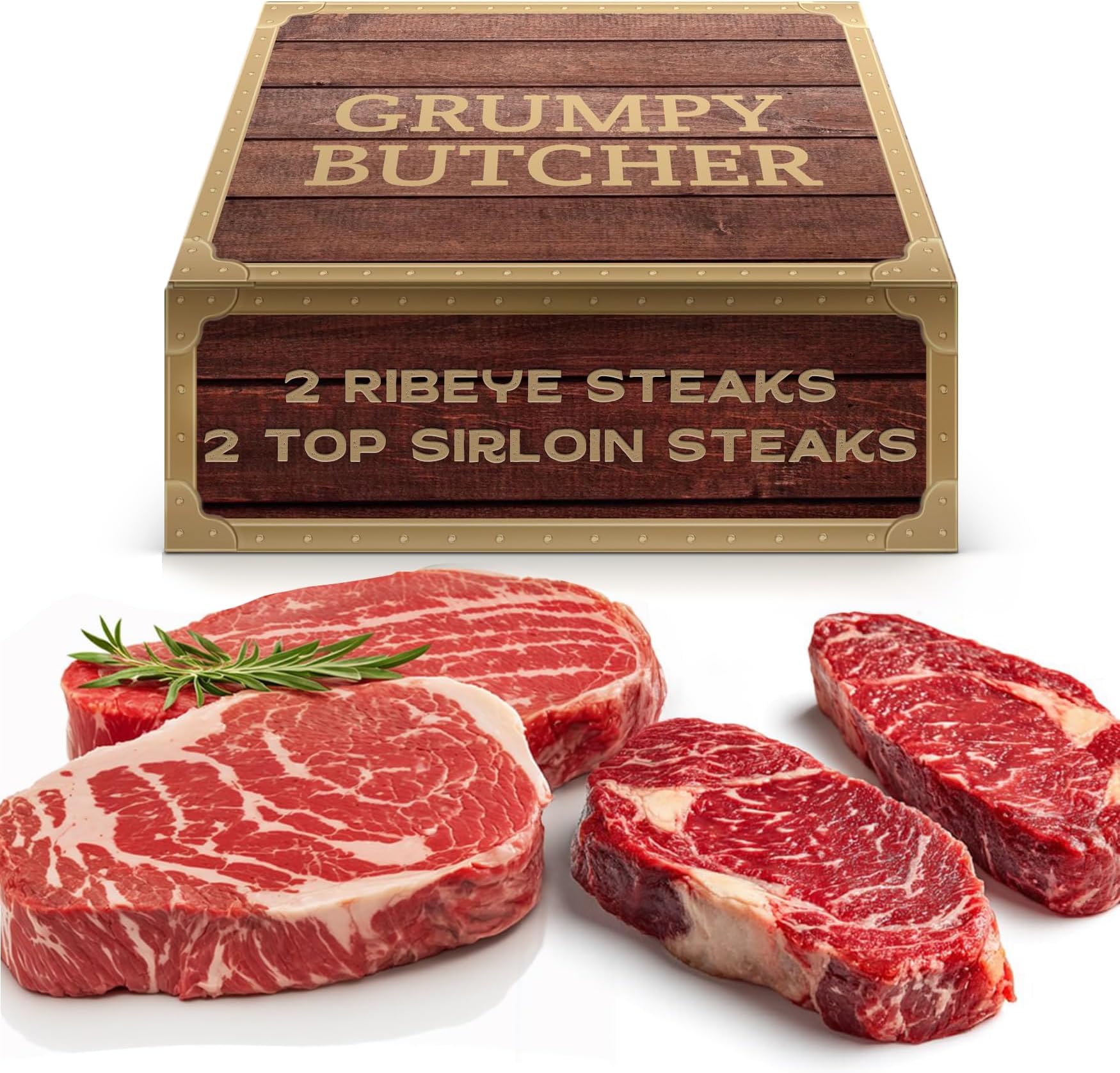 Grumpy Butcher 4-Steak Gift Box – 2 Ribeye Steaks (12 oz) & 2 Top Sirloin Steaks (6 oz) – Frozen USDA-Choice Angus Beef Sampler - Gourmet Steak Gift Package for Holiday, Birthday & BBQ Grill