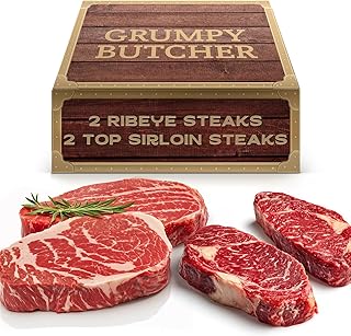 Grumpy Butcher 4-Steak Gift Box – 2 Ribeye Steaks (12 oz) & 2 Top Sirloin Steaks (6 oz) – Frozen USDA-Choice Angus Beef Sampler | Gourmet Steak Gift Package for Holiday, Birthday & BBQ Grill
