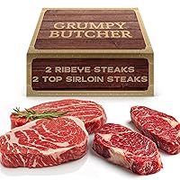 Vista 1 de Caja de regalo de 4 filetes Grumpy Butcher – 2 filetes de entrecot (12 oz) y 2 filetes de solomillo superior (6 oz) – Sampler de carne Angus