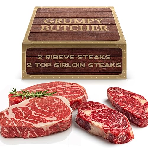 Caja de regalo de 4 filetes Grumpy Butcher – 2 filetes de entrecot (12 oz) y 2 filetes de solomillo superior (6 oz) – Sampler de carne Angus