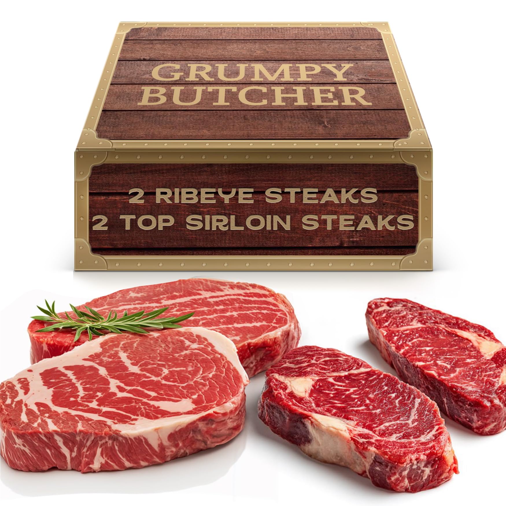 Grumpy Butcher 4-Steak Gift Box – 2 Ribeye Steaks (12 oz) & 2 Top Sirloin Steaks (6 oz) – Frozen USDA-Choice Angus Beef Sampler | Gourmet Steak Gift Package for Holiday, Birthday & BBQ Grill