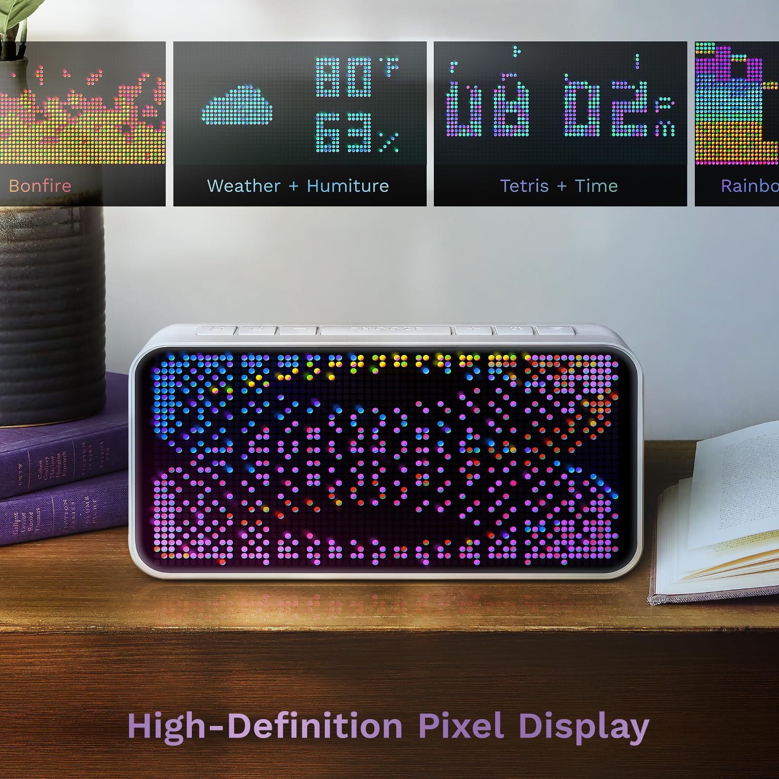 Dekala Pixel-LED Smart Wecker, Digitaler Nachttischwecker mit Dual-Alarm & Snooze, laut für Tiefschläfer, Wetter-, Temperatur- & Feuchtigkeitsanzeige, App-Steuerung & automatische Zeitsynchronisation