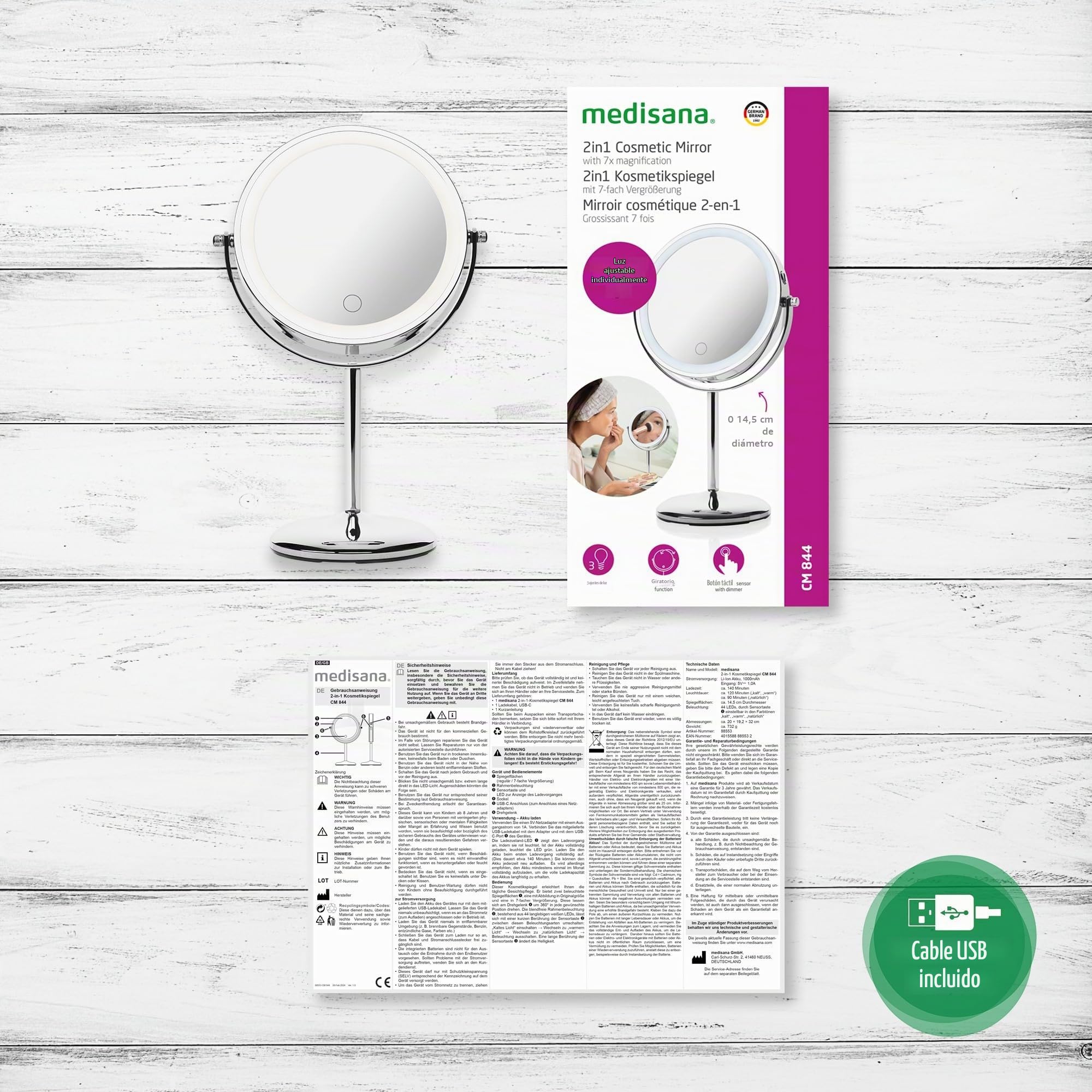 medisana CM 844 espejo cosmético, espejo de maquillaje con luz LED | con aumento, espejo de sobremesa con batería recargable, 2 superficies de espejo giratorias sin y con aumento de 7x