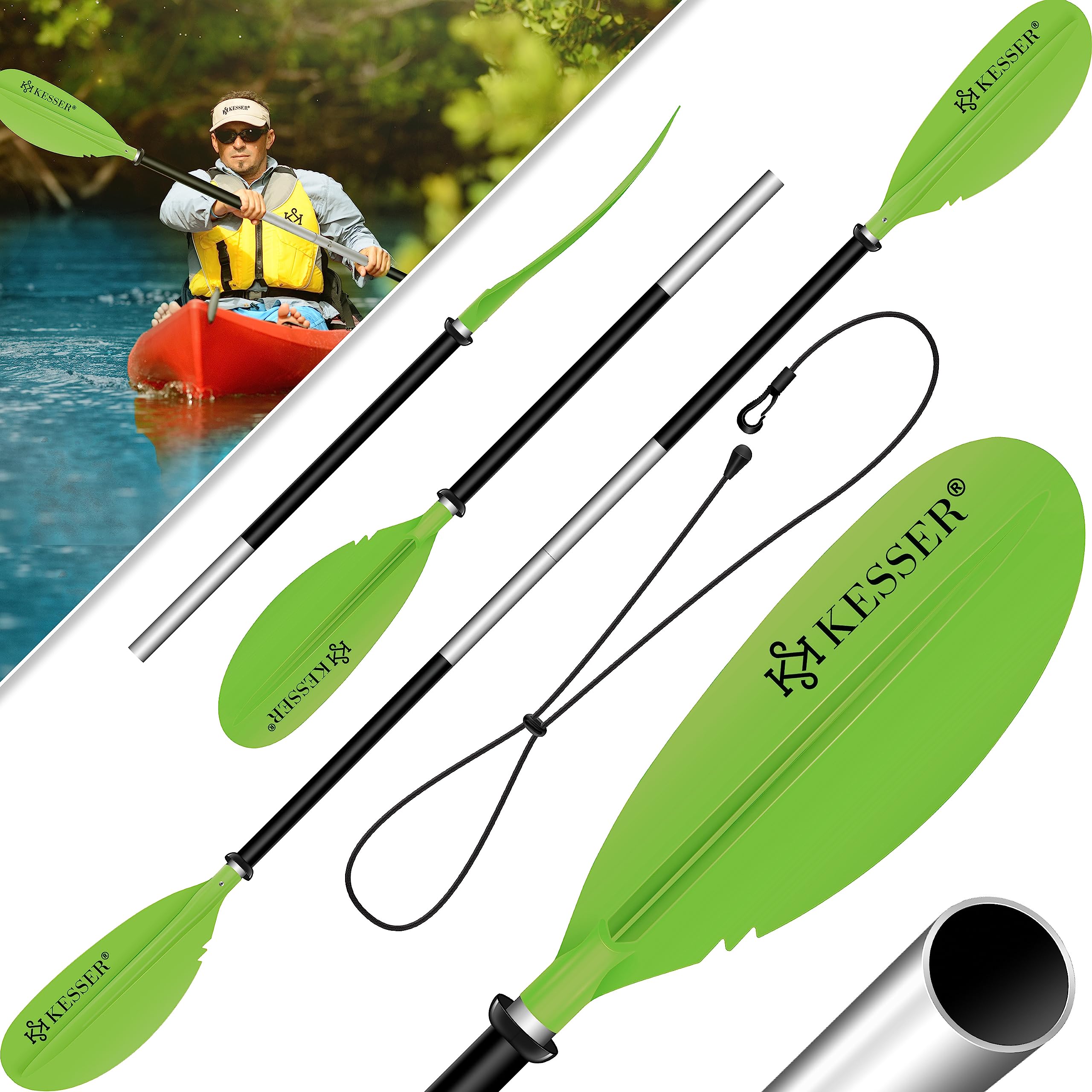 KESSER® Paleta Doble – 4 Piezas para Canoa Kayak Sup Stand-Up Paddling Board Pala de Remo, 228 cm de Aluminio, Muy Ligera para Bote Inflable, Remo, Kayak, Surf Board Bote