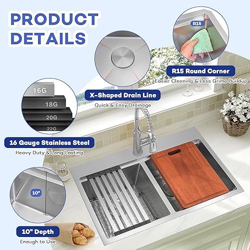 Vista 153 de LQS Fregadero de cocina dorado de 31 pulgadas, fregadero de cocina de acero inoxidable 50/50 de 31 x 18 pulgadas, fregadero de cocina de acero