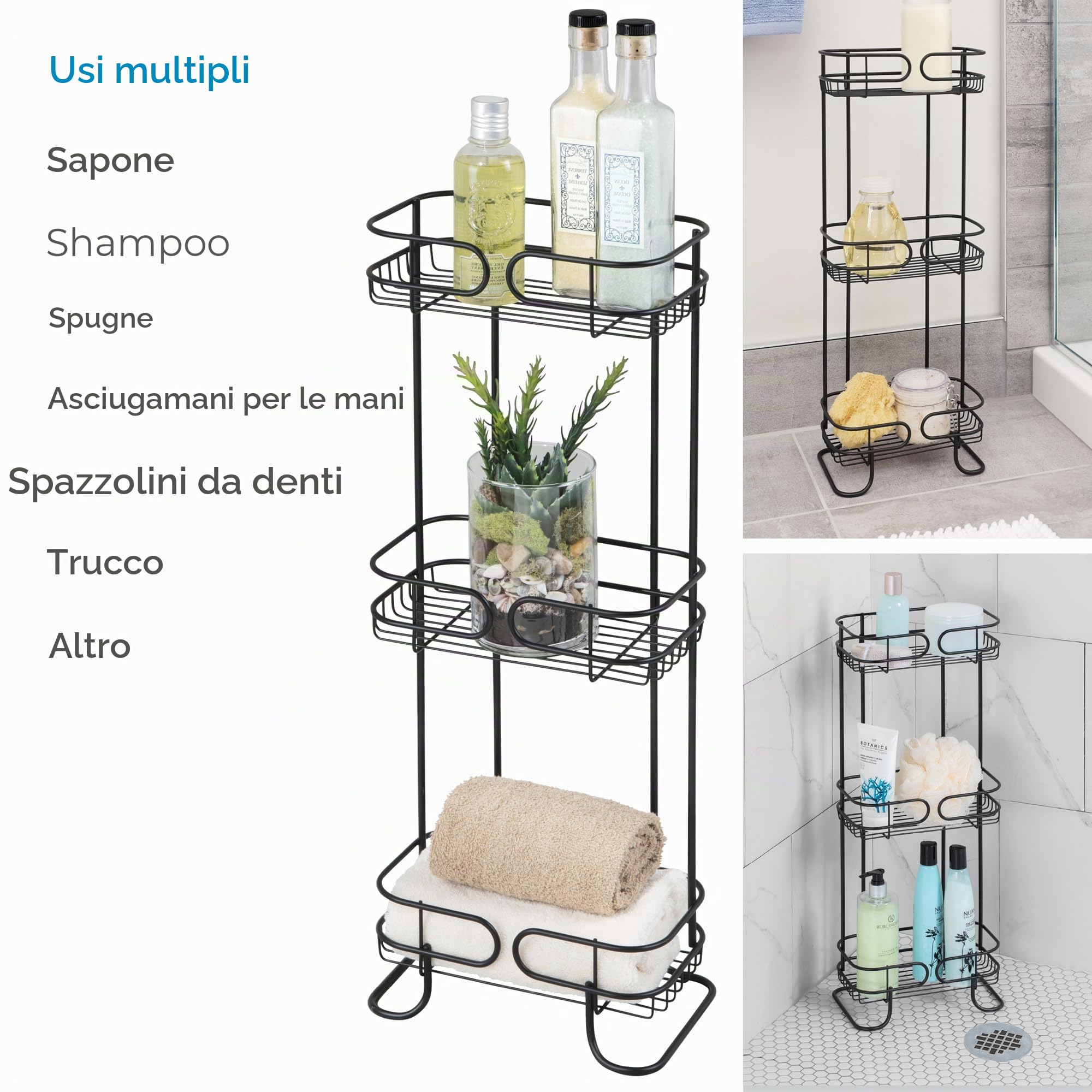 iDesign Neo Portaoggetti Doccia, mensola Bagno in Metallo con 3 Ripiani, Ideale per riporre Shampoo e bagnoschiuma, Nero Opaco, 16,0 cm x 24,9 cm x 66,3 cm
