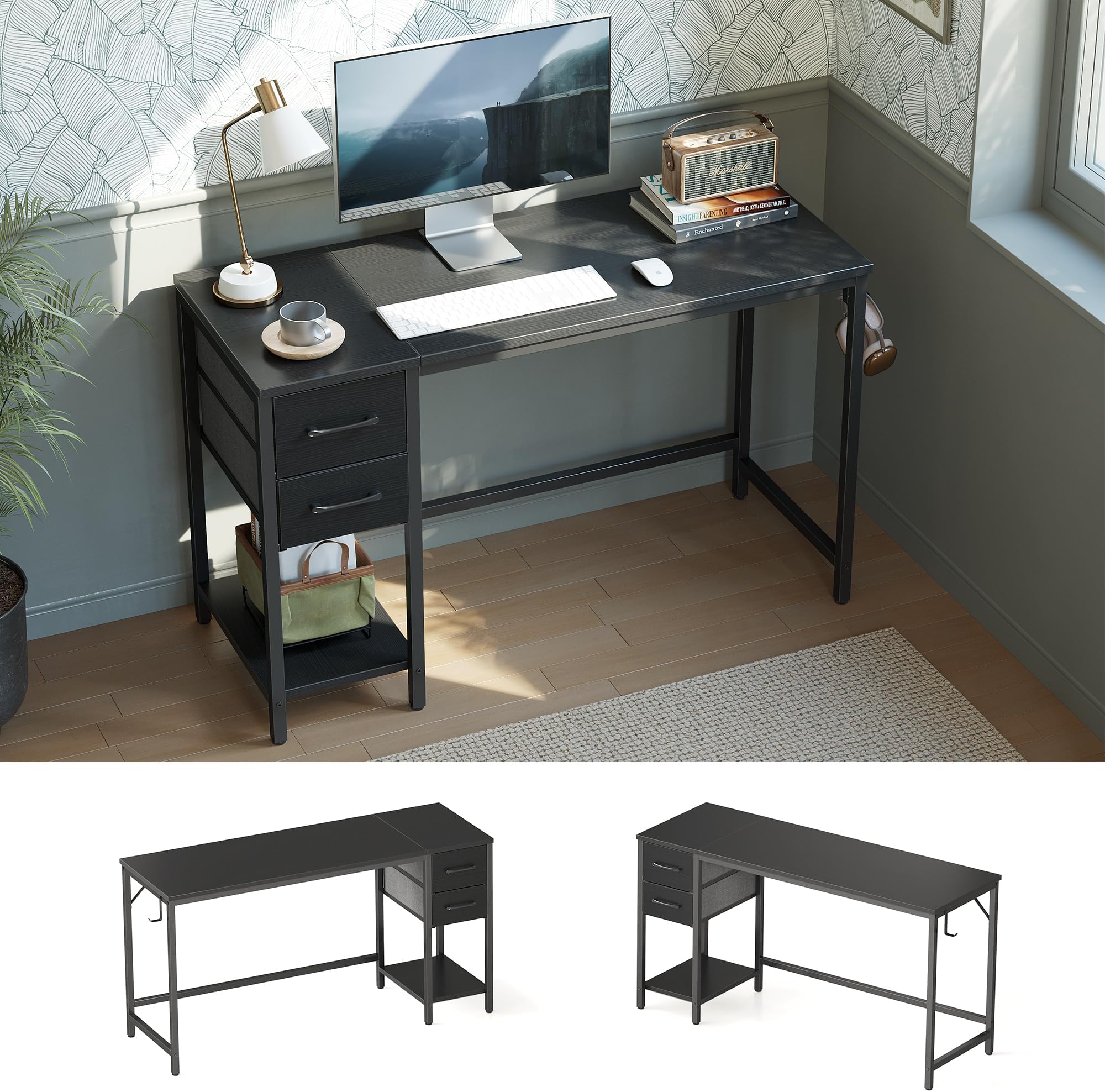 CubiCubi Computer Desk with 2 Drawers, 47 Inch Small Home Office Desk Study Writing Table, Black