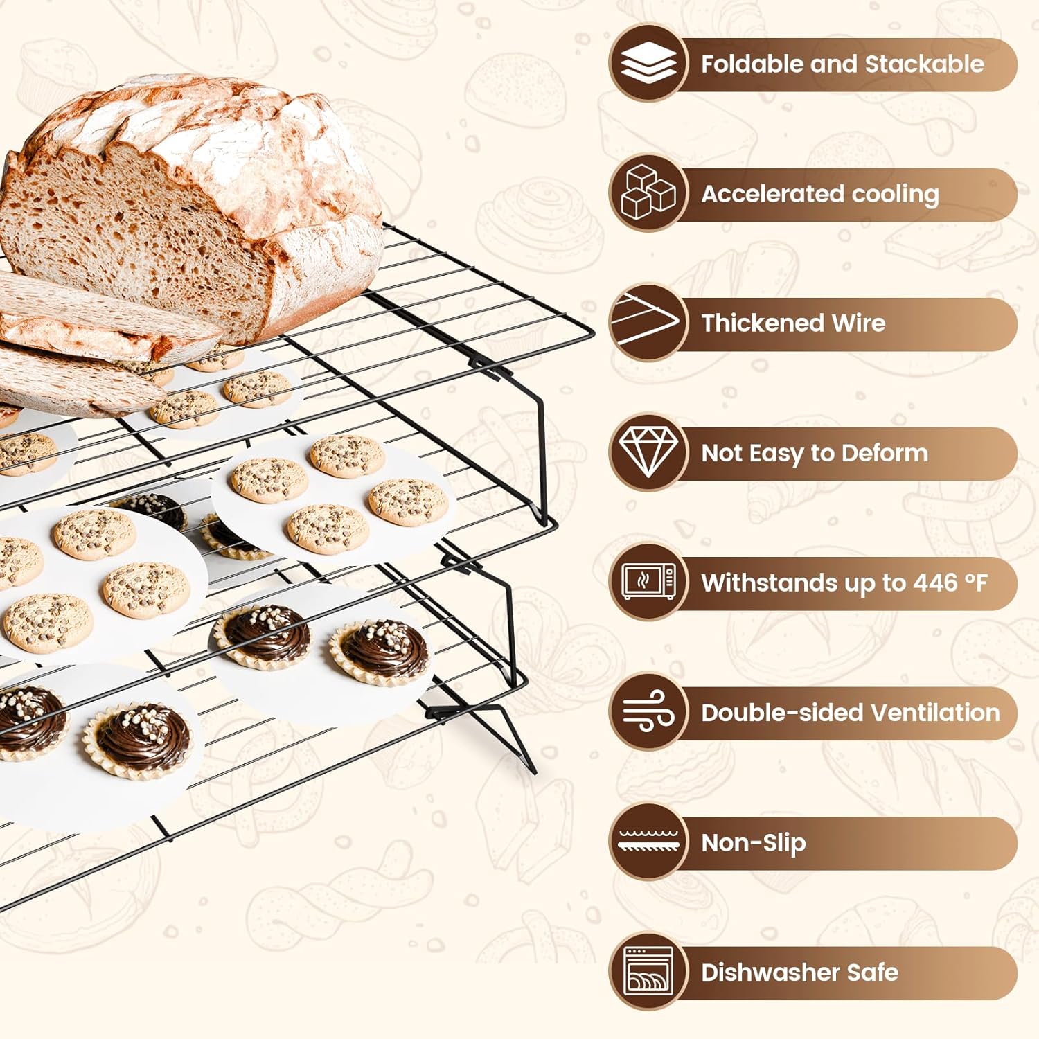 3 Layer Detachable Collapsible Cooling Racks, 10 * 16 Inch Cooling Wire Rack Stackable Drying Rack Cookie Rack Bread Cooling Rack