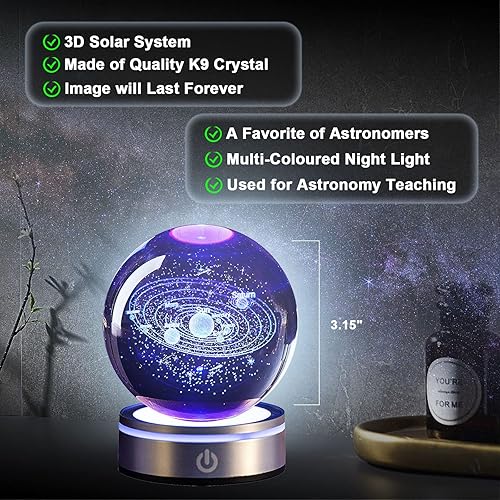 Miniatura 3 de Bola de cristal del sistema solar 3D con base táctil de iluminación colorida LED, 3.15 pulgadas, decoración del modelo del sistema solar, planetas