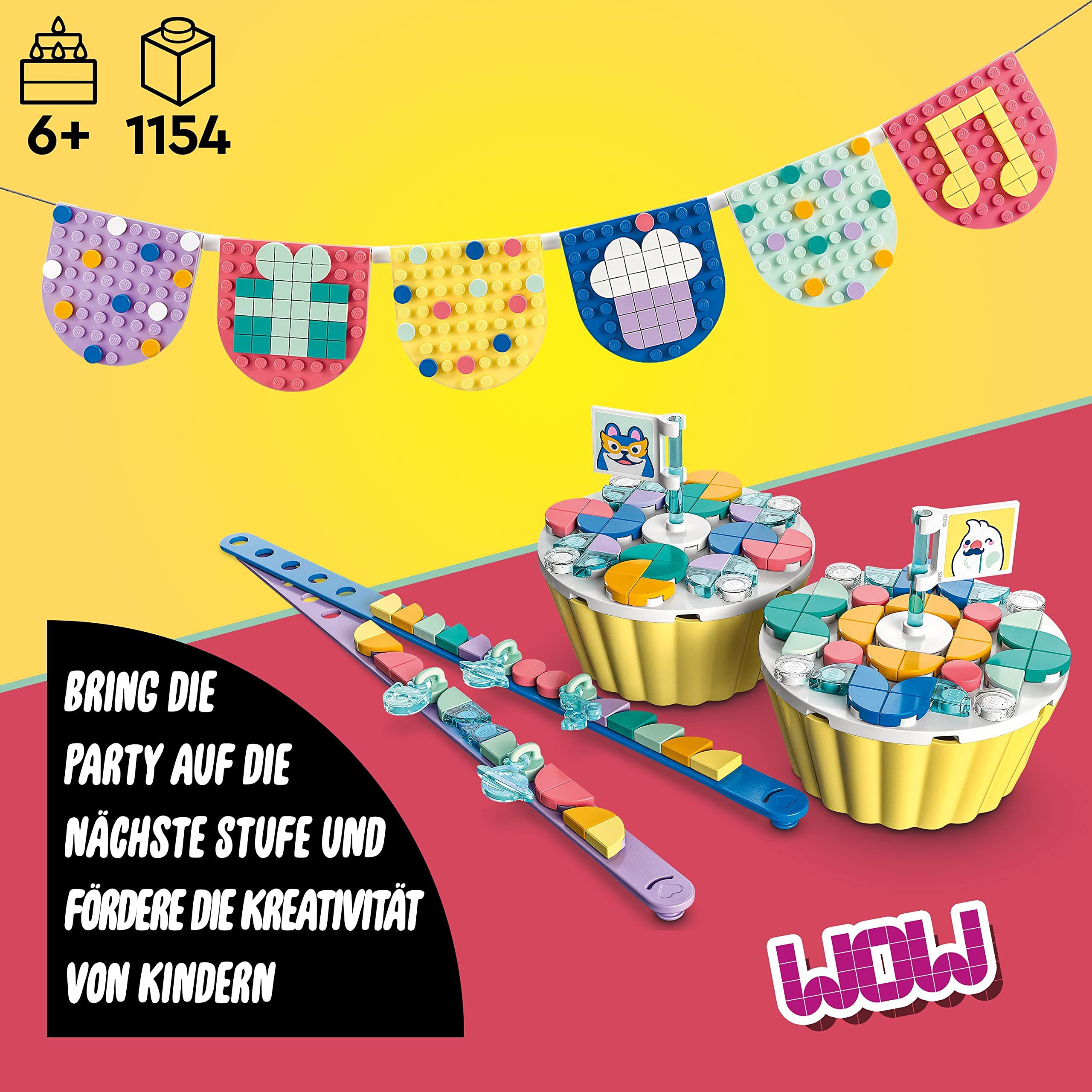 LEGO 41806 DOTS Ultimatives Partyset, Partyspiele für Kinder, Mädchen und Jungen, DIY-Partytütenfüller mit Spielzeug-Cupcakes, Armbändern und Wimpeln, kreative Deko und Geschenk