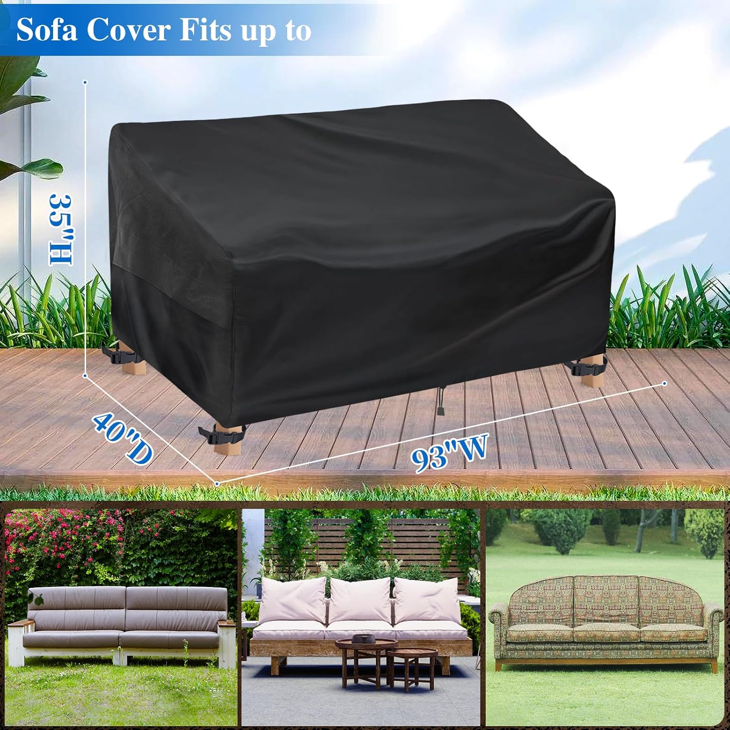 Outdoor Couch Cover - Waterproof Outdoor Sofa Cover (93W x 40D x 35H inches, Black) 2-3 Seater Patio Furniture Covers for Outdoor Furniture Weatherproof and Non Fading