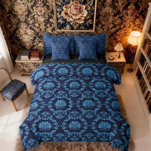 Erosebridal Black and Blue Damask Bed in a Bag Queen Comfort