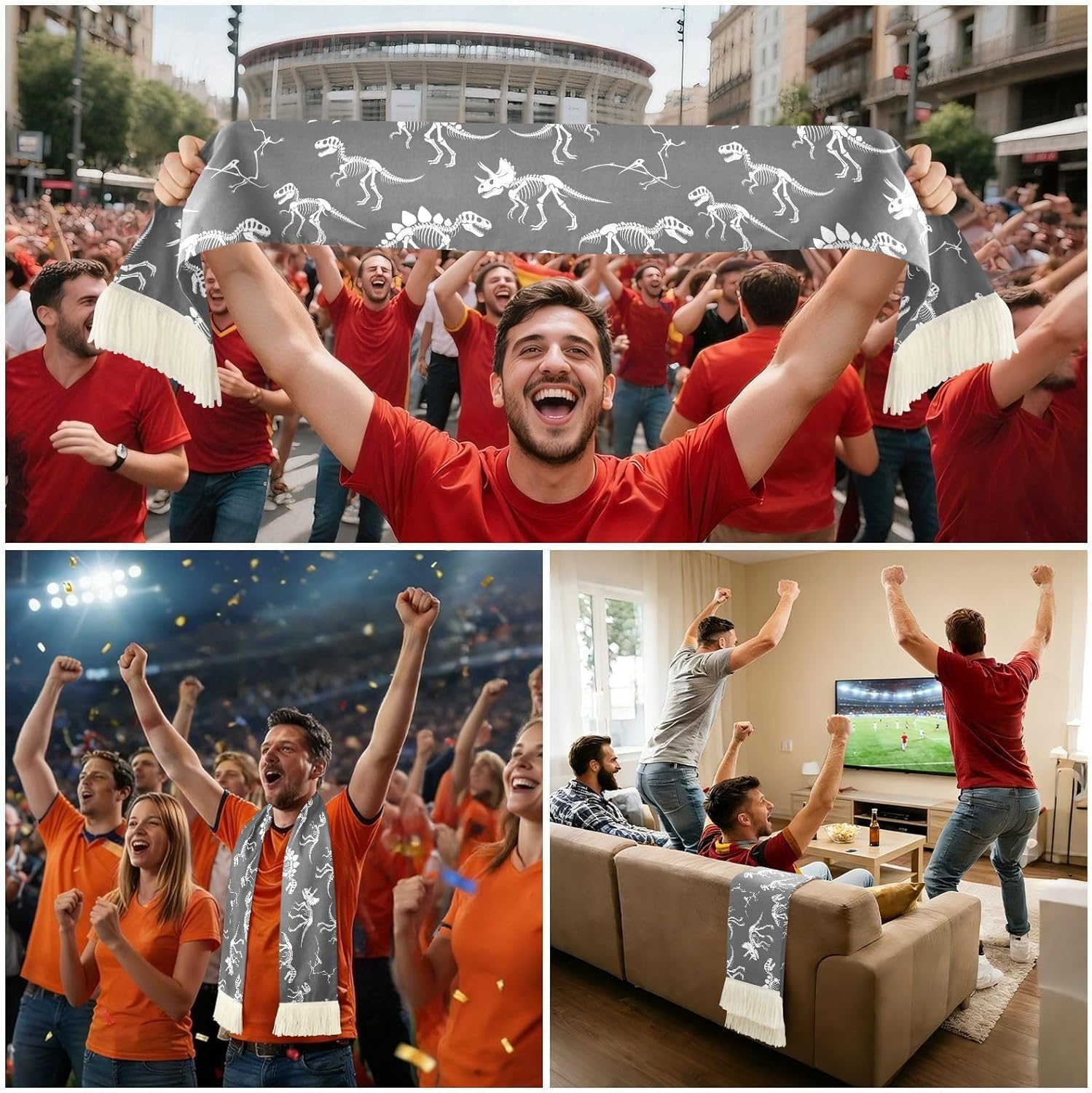 CHIFIGNO White Dinosaur Skeleton Gray Sports Fan Scarf for Soccer Fans, Soft Polyester Sweat Towel Wrap with Fringe Ends, Quick Dry Cheering Banner