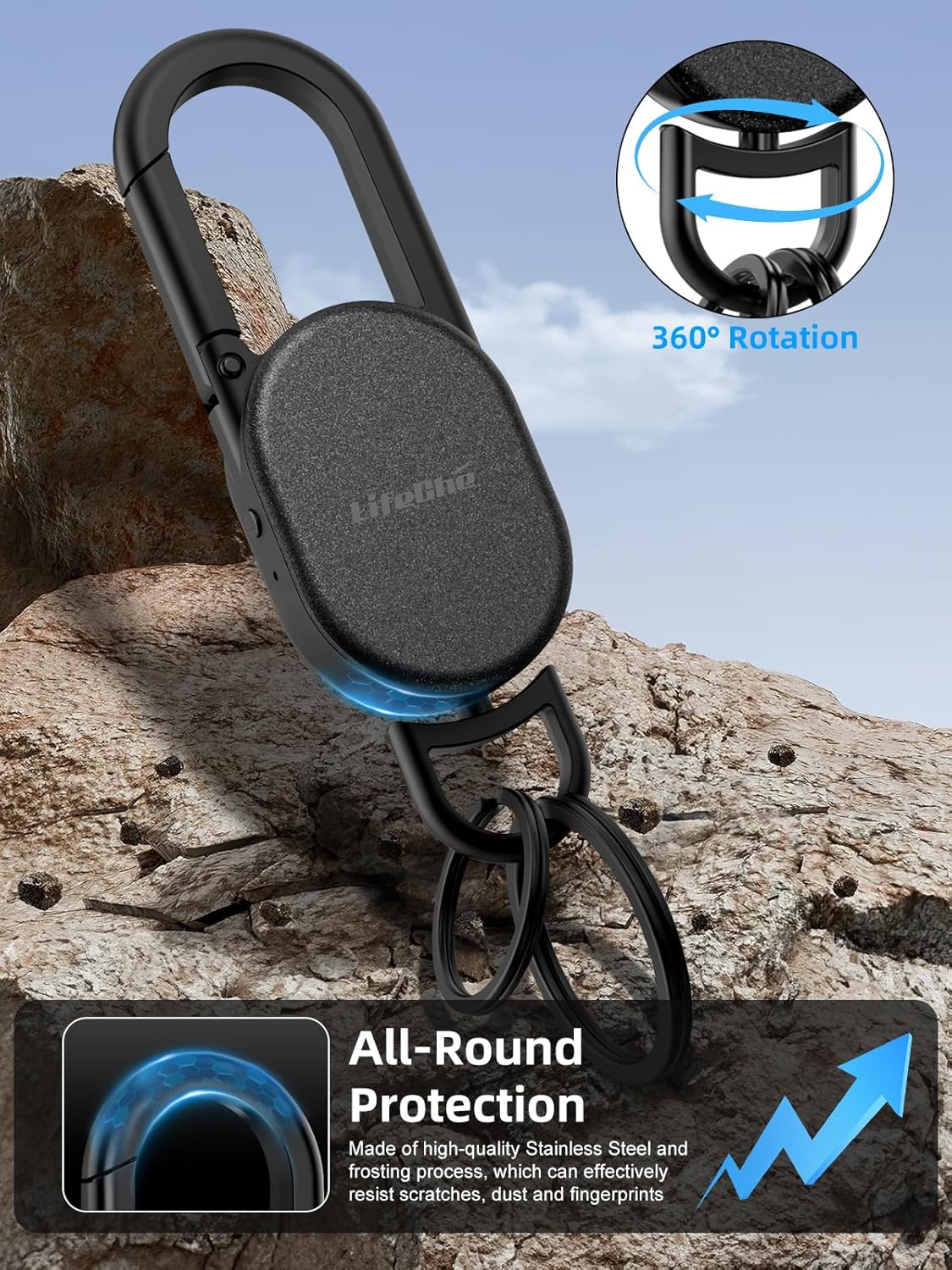 Keychain, Key Finder Built-in Anti-Loss Tracker, Heavy Duty Key Holder, Premium Stainless Steel Keychain Carabiner Car Key Chains with GPS Global Locator Tracking Waterproof (Black)