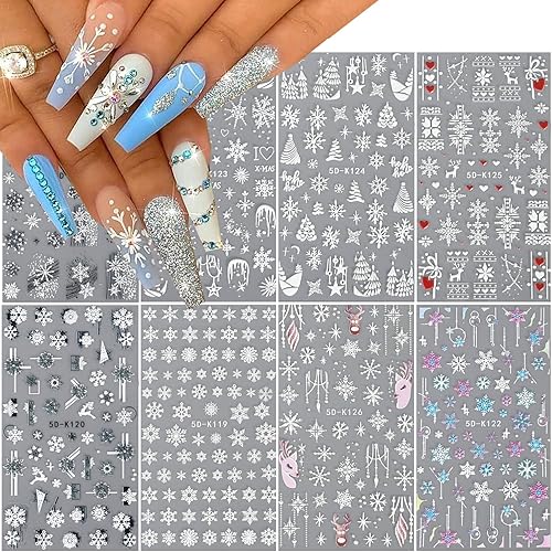 8 hojas de calcomanías de uñas de Navidad, copos de nieve 5D en relieve, copos de nieve blancos, árbol, alce, Navidad, invierno, diseño de copos de