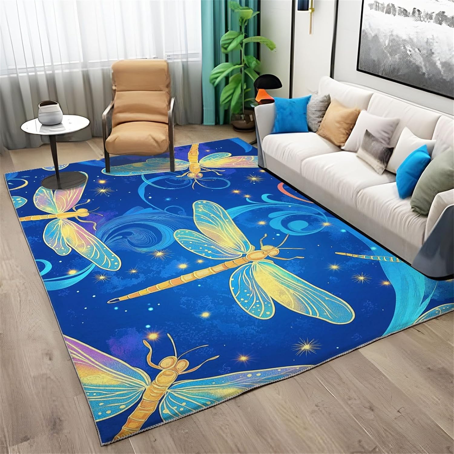 Blue Starry Sky Kids Aldult Area Rugs, Colorful Glowing Dragonfly Rug, for Room Sofa Living Room Mat Office Bedroom Home Decor Floor Mats, 2ft x 3ft