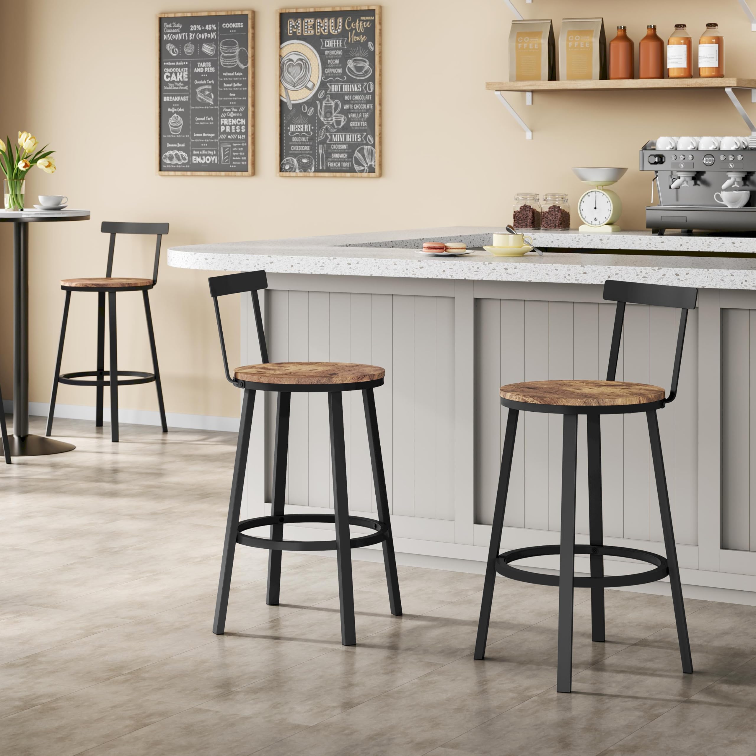 WOLTU Sgabelli Cucina Set di 2, Sgabelli da Bar per Colazione, con Poggiapiedi e Schienale, Struttura in Metallo, Marrone Rustico
