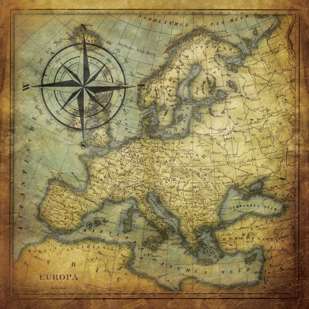Impression artistique sur papier mat 220 g - Europa Grey Jace - Vintage Square Image Maps Vintage Retro Fine Art Print 25_X_25_in