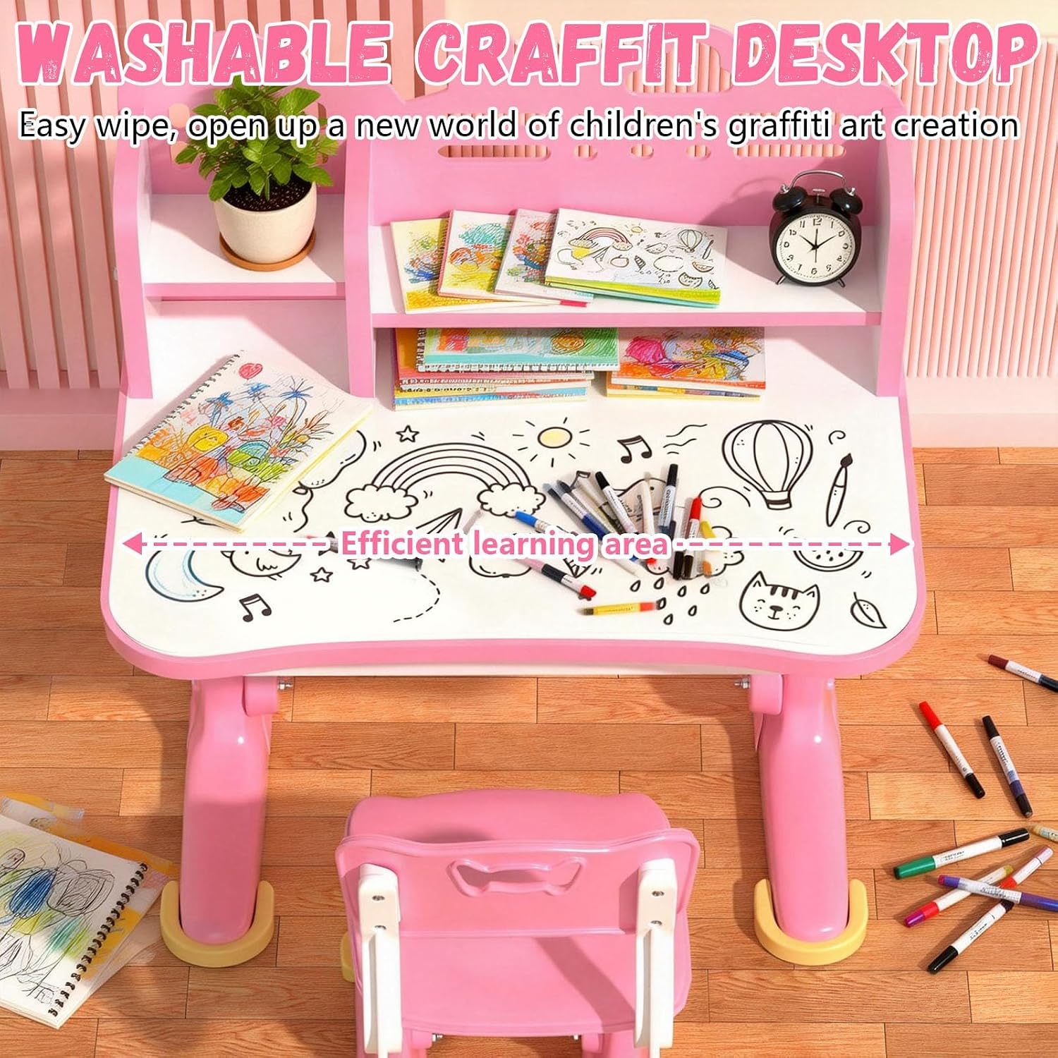 Kids Study Desk and Chair Set 3-12 - Height Adjustable Children Study Table | Ergonomic Chair | Widened Desktop | School Study Writing Art Desk with Bookstand and Storage Drawer for Boy & Girl (Pink)