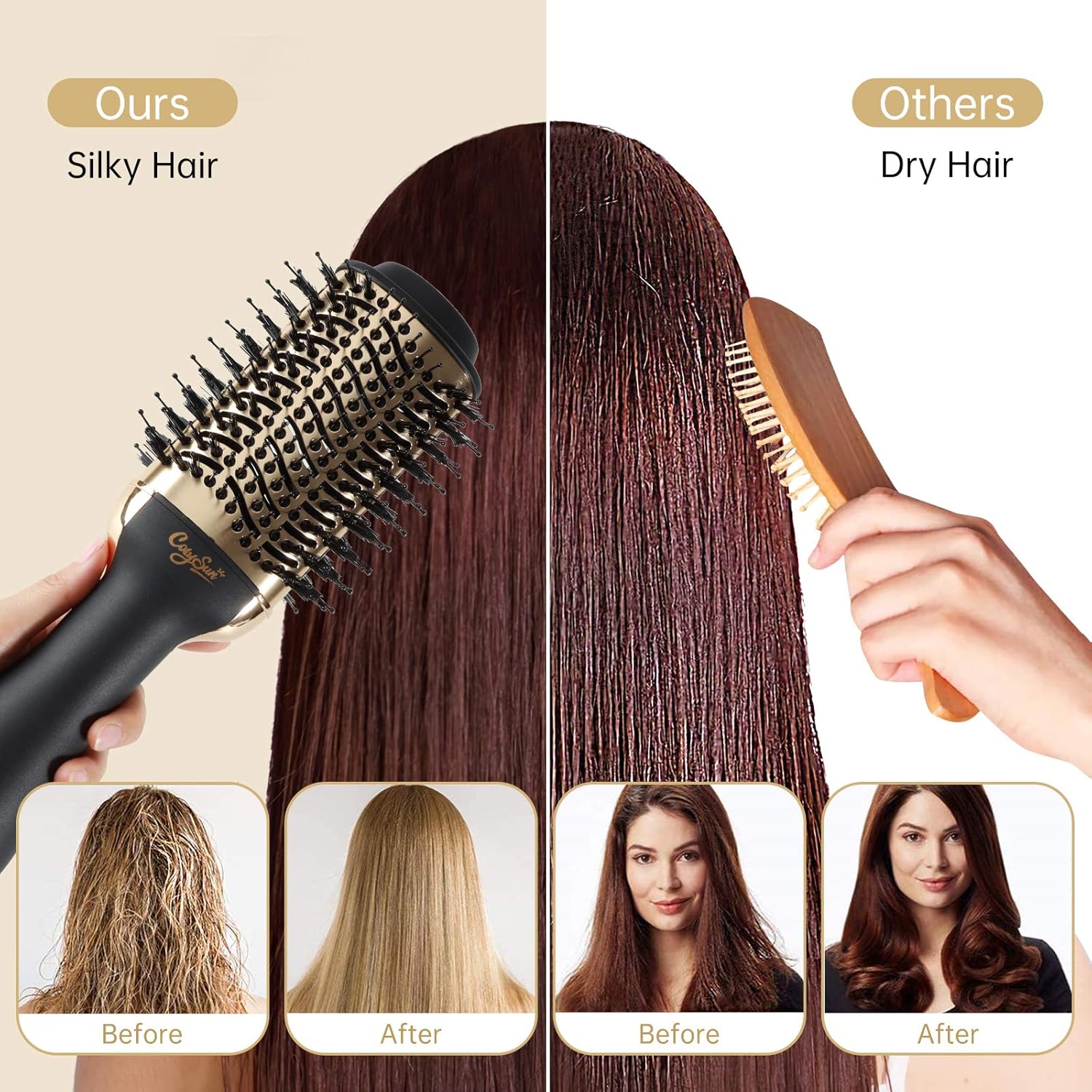 CosySun Hair Dryer Brush Hot Air Brush One-Step Hair Dryer Volumizer 3 in 1 Salon Negative Ion Ceramic Electric Blow Dryer Fast Drying Styling Straightening Curling Hair Straightener Brush(Gold) : Beauty & Personal Care