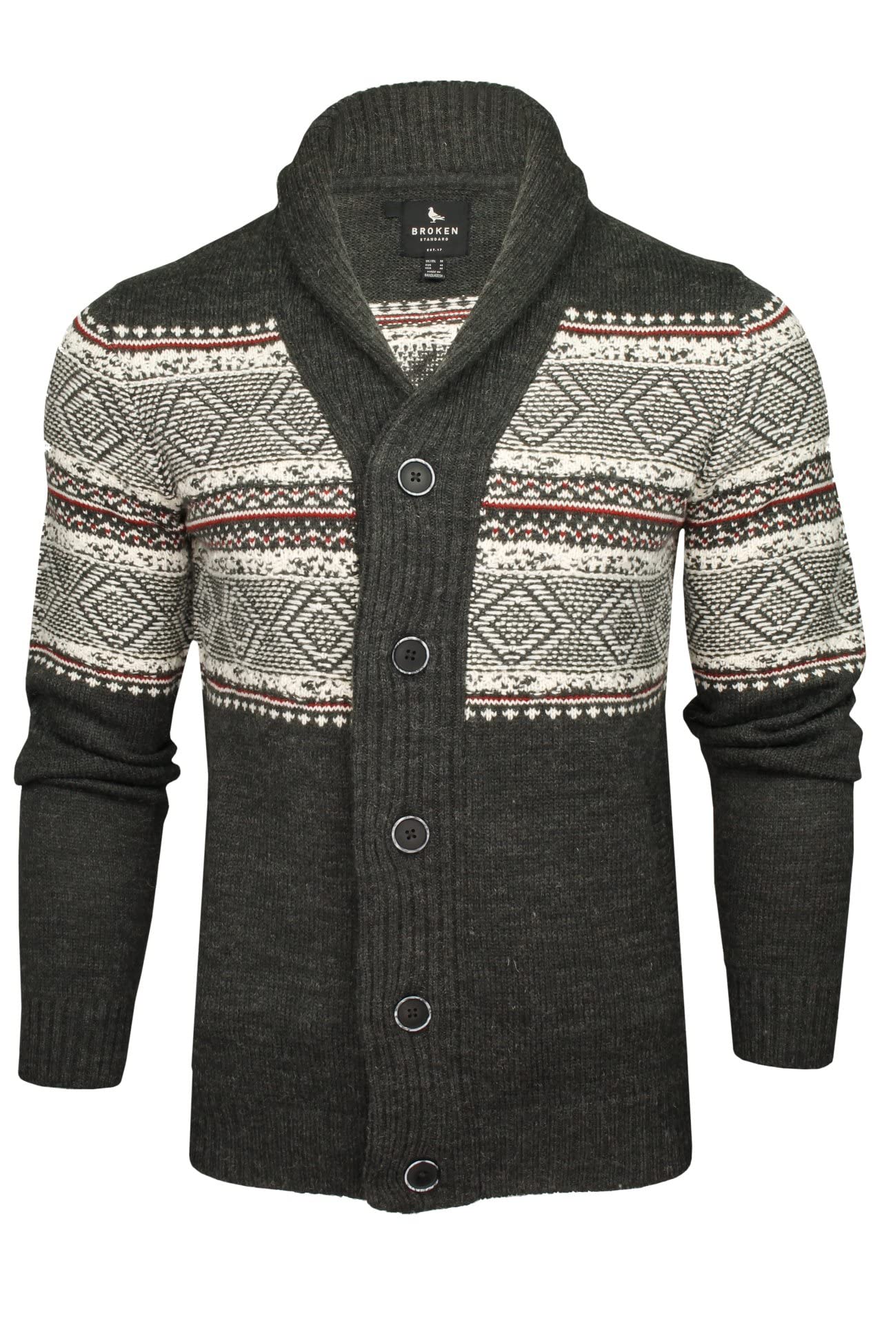 Broken Standard Mens Fairisle Shawl Neck Cardigan (Charcoal) M