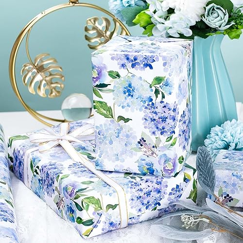 Miniatura 3 de MAYPLUSS Rollo de papel de regalo floral para regalo, papel de envoltura de regalo floral con diseño de hortensias azules en acuarela para bodas,