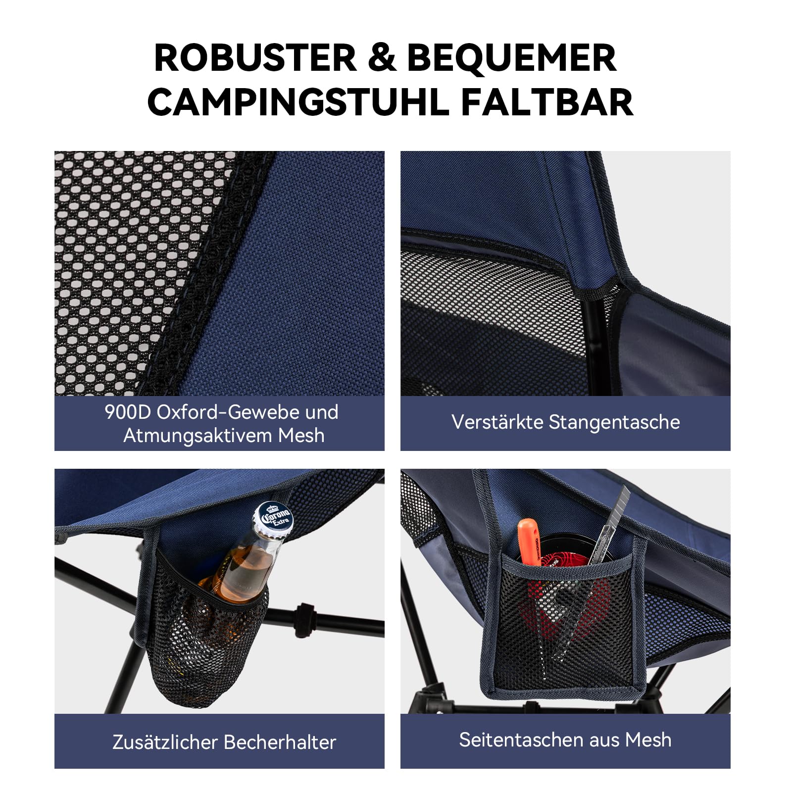Campingstuhl Hochlehner Faltbar 150kg, Ultraleichter Tragbar Klappstuhl mit Kopfstütze 2 Seitentaschen, Kompakter Angelstuhl Klappbar mit Tragetasche für Camping, Strand, Outdoor und Wandern