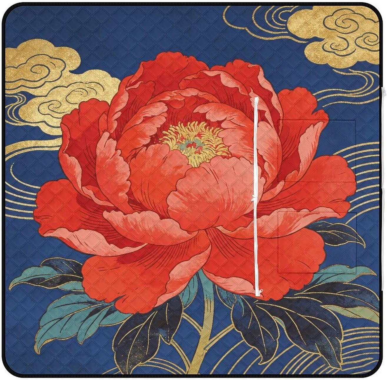 Red Peony Picnic Blanket with Zipper Water Resistant Sand Free Picnic Mat Washable Foldable Easy Carry Beach Blanket for Lawn Beach Hiking Camping