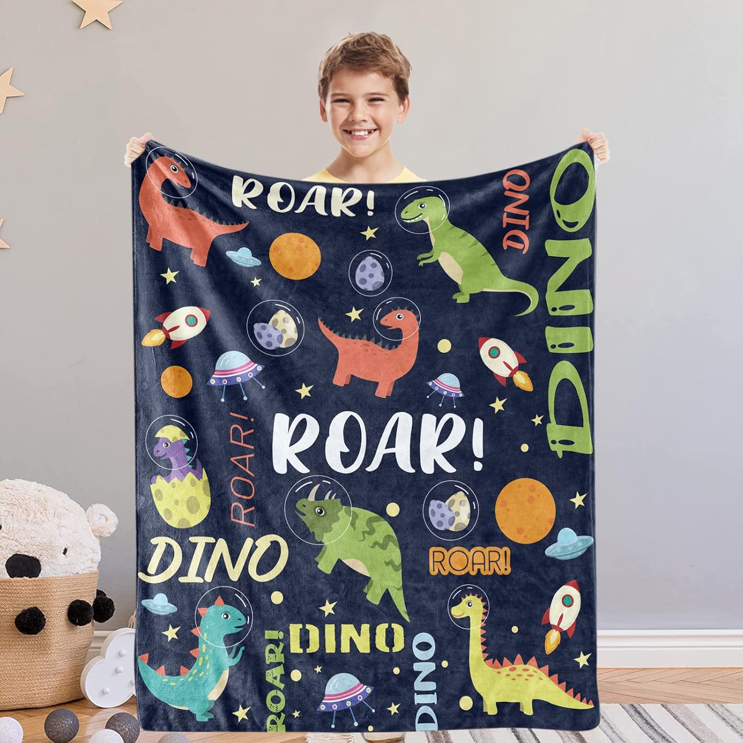Dinosaur Blanket for Kids Navy Blue Dino Throw Blankets for Boys Baby