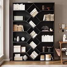 Winkalon 71" Triple Wide Bookshelf, 6-Tier Bookcase with Diamond Accent Compartments, Space-Saving Storage Cabinet for with 17 Open Display Shelves for Living Room, Bedroom, Home Office Black