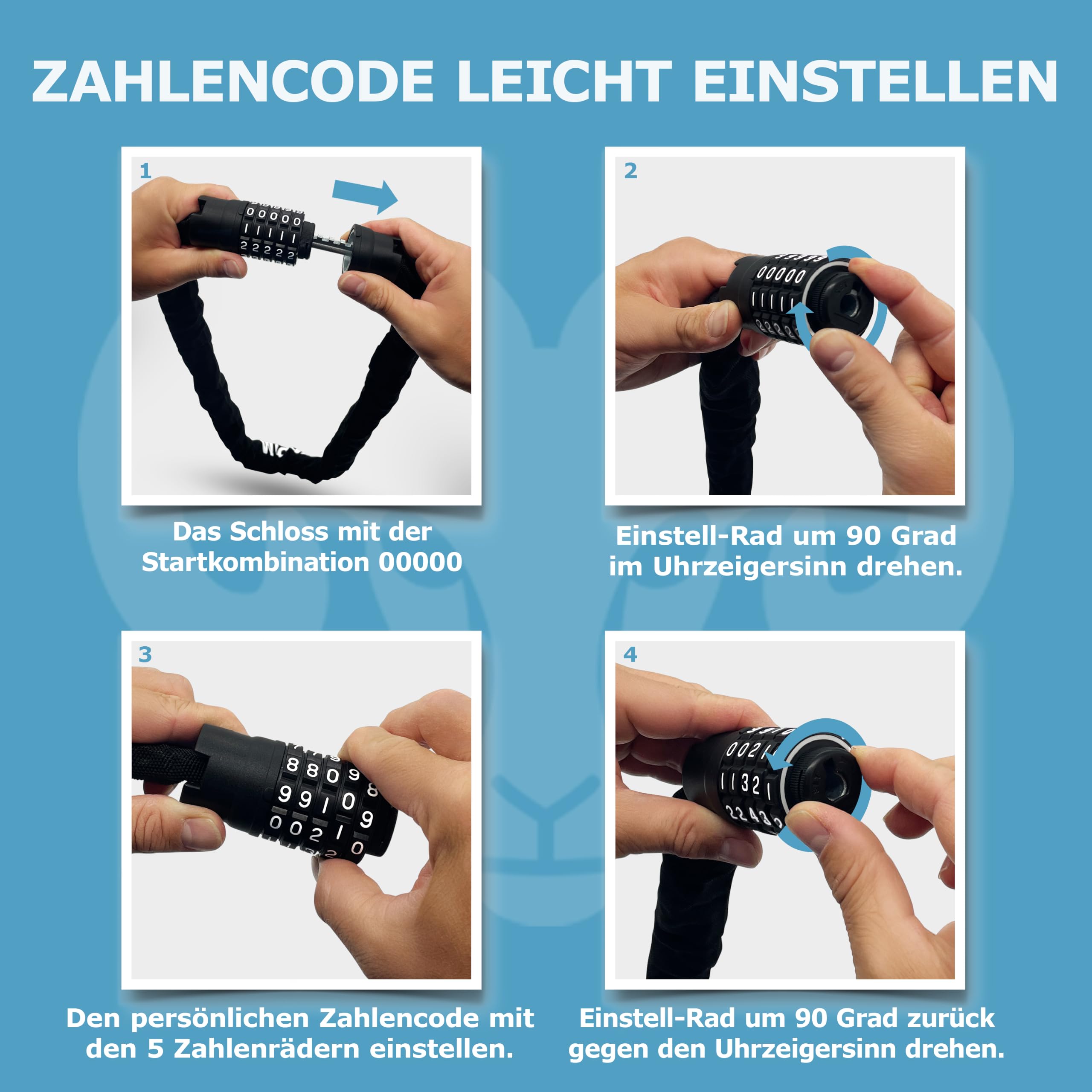 WIDDER Antivol à chaîne sécurisé de 8 mm avec code numérique (120 cm de long, roues à chiffres extra larges, chaîne en acier trempé) – Antivol pour vélo à chiffres haute sécurité – Antivol à