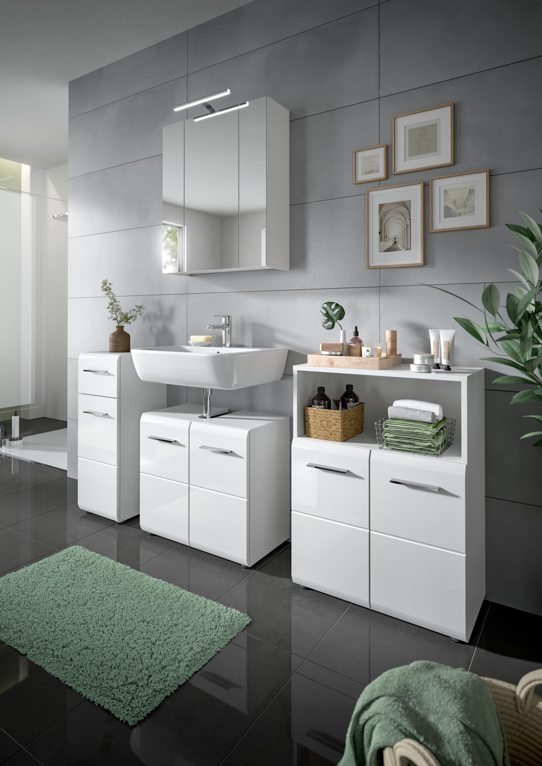 xonox.home - Waschbeckenunterschrank Ice 60x54x32 cm in weiß Hochglanz Tiefziehfront Korpus weiß - Unterschrank Waschtischunterschrank Badezimmerunterschrank