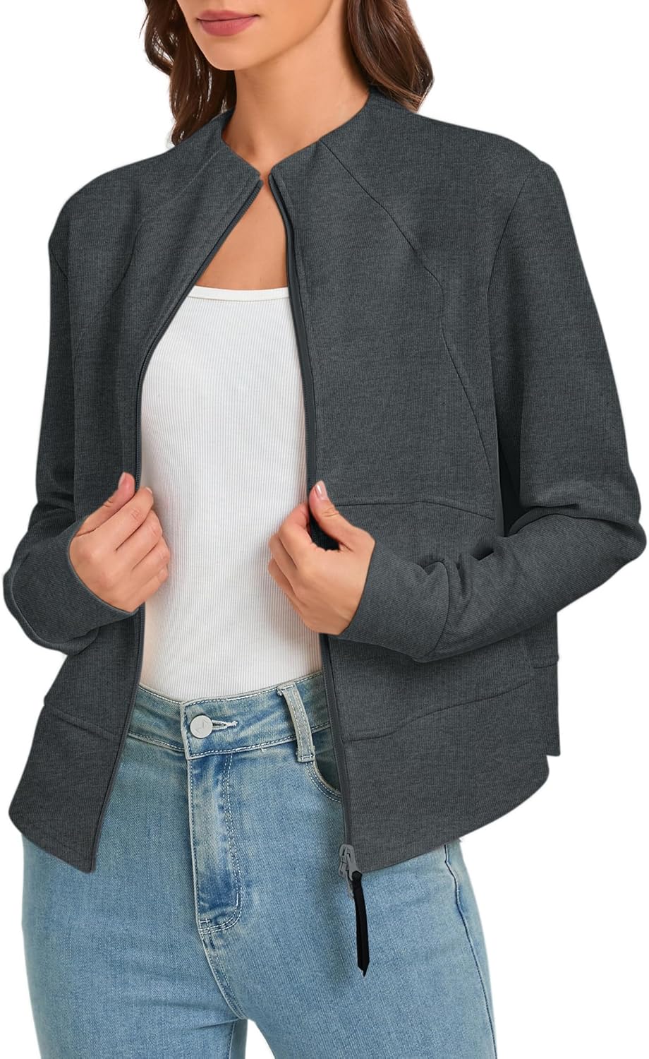 Urban CoCo Women‘s Comfy Cropped Sweatshirt Jacket Zip Up Casual Tops with Pockets 2026 Fall Winter