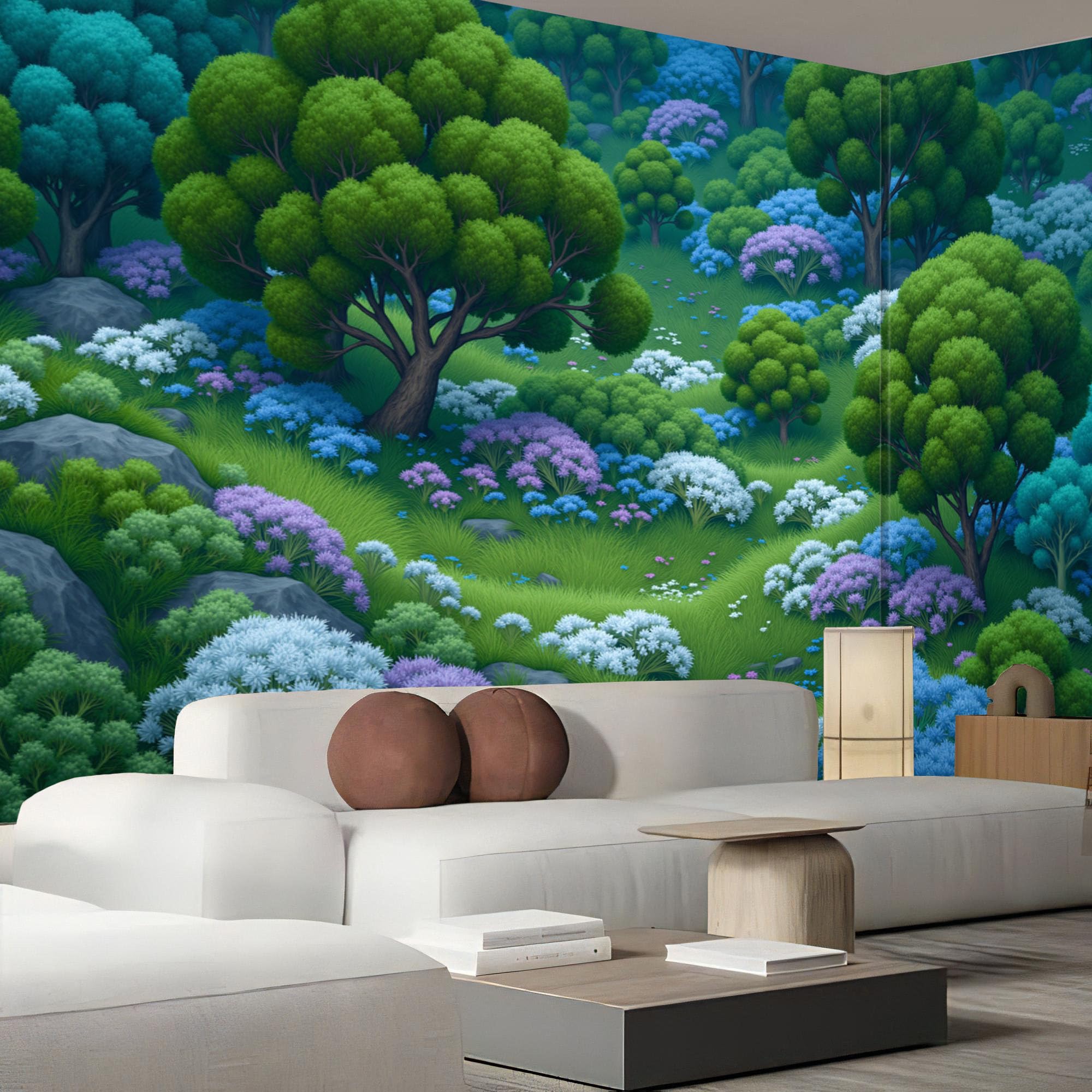 Papier peint panoramique forêt fleurs paysage vert émeraude 400x280cm