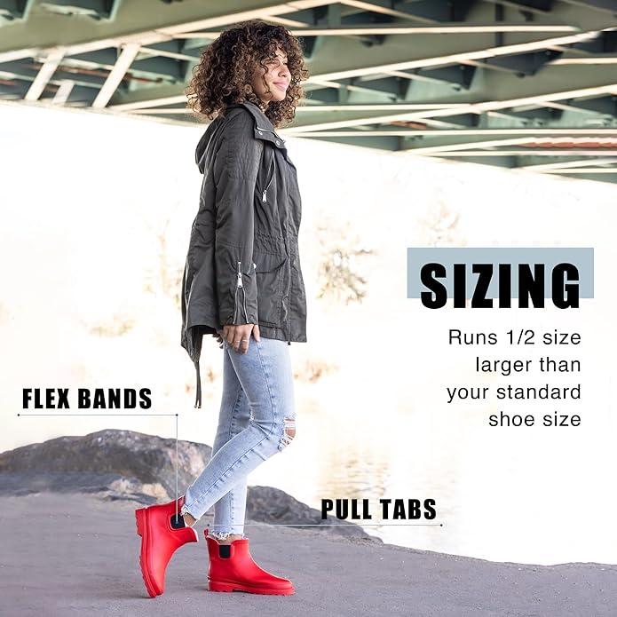 It's important to note that these boots tend to run half a size larger than usual. This means that if you typically wear a size 8, you may need to order a size 7.5 for the best fit. Keep this in mind when selecting your size to ensure a comfortable and secure fit. Overall, these NORTY Women's Ankle Rain Boots are a great option for those looking for durable, waterproof footwear with a stylish design. Description by ChatGPT.