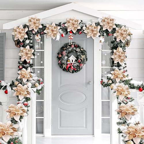 Miniatura 6 de Adornos de flores de Pascua artificiales de Navidad con purpurina y clips y tallos, adornos para árbol de Navidad con purpurina para Navidad y boda