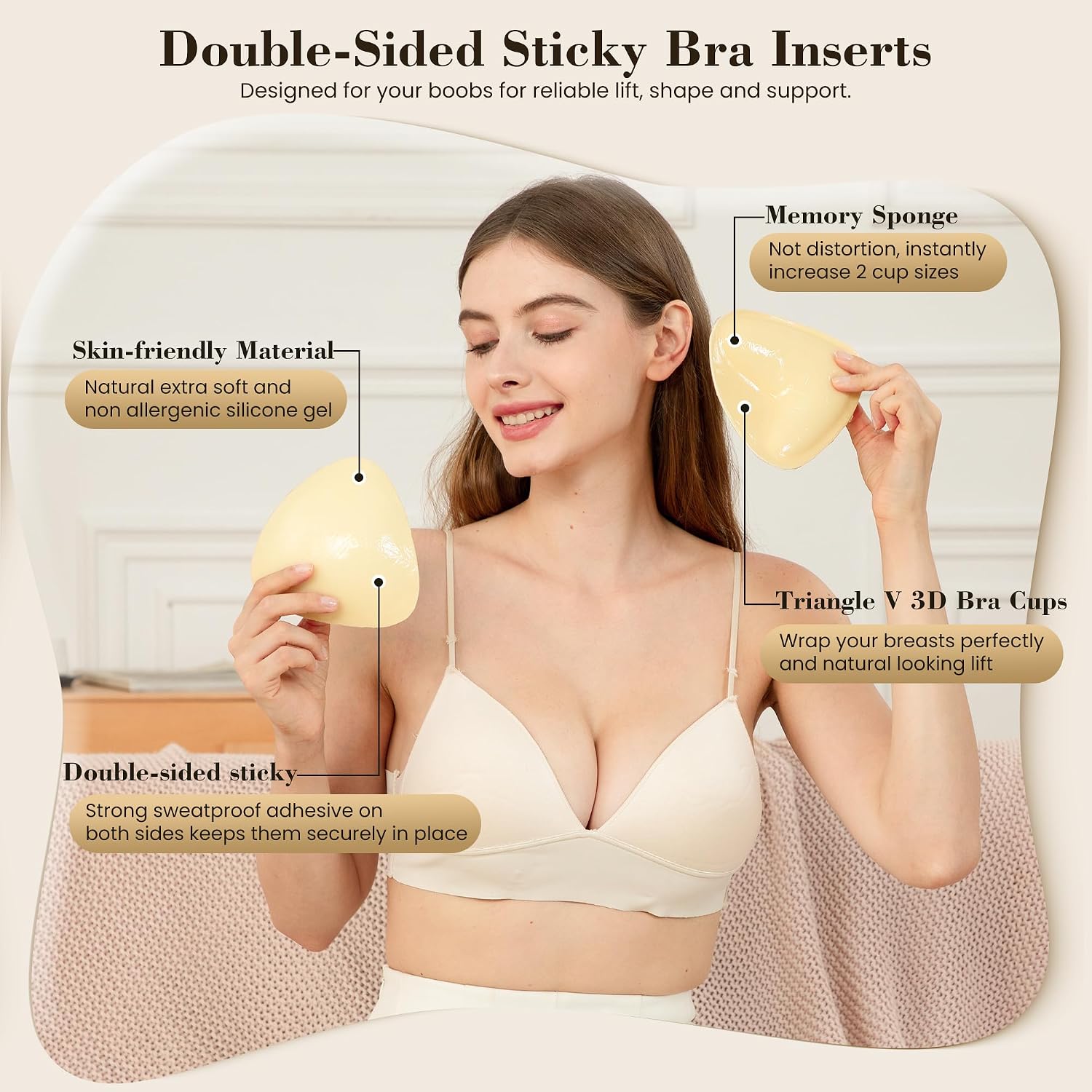 Sticky Bra Pads with Nipple Covers, Reusable Silicone Breast Inserts, Double-Sided Adhesive Instantly Boob Lift Boost Padded