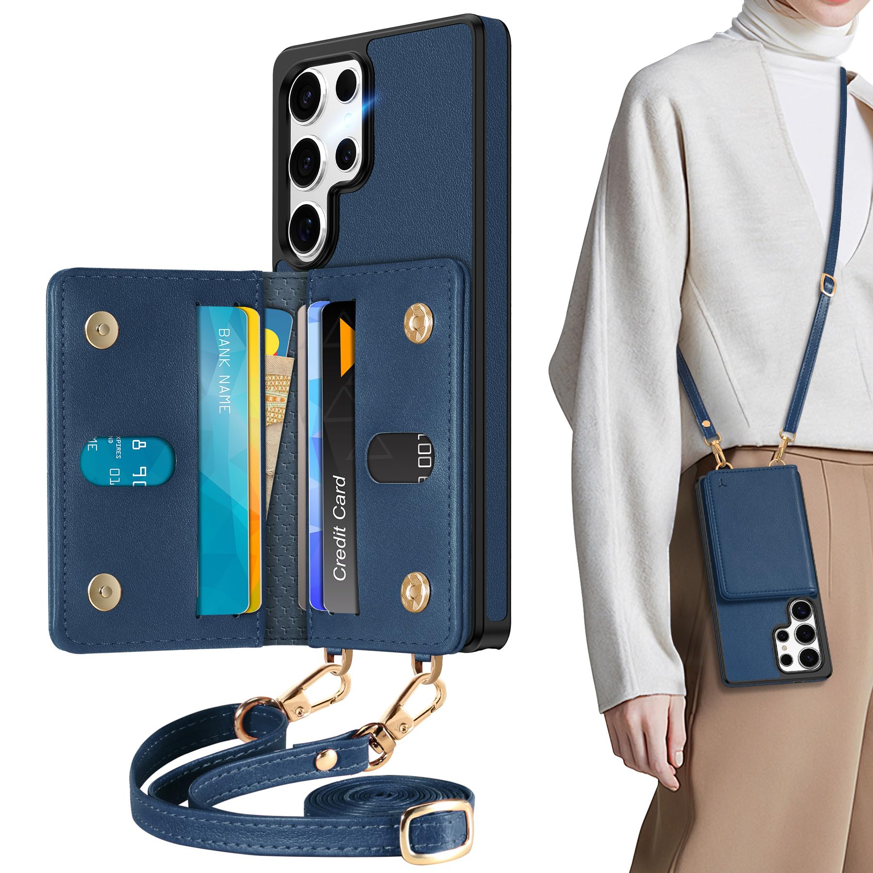 TUCCH Case for Galaxy S25 Ultra with Adjustable Strap, Magnetic Closure Folio Wallet Case with RFID Blocking [6 Card Holders] [Removable Crossbody