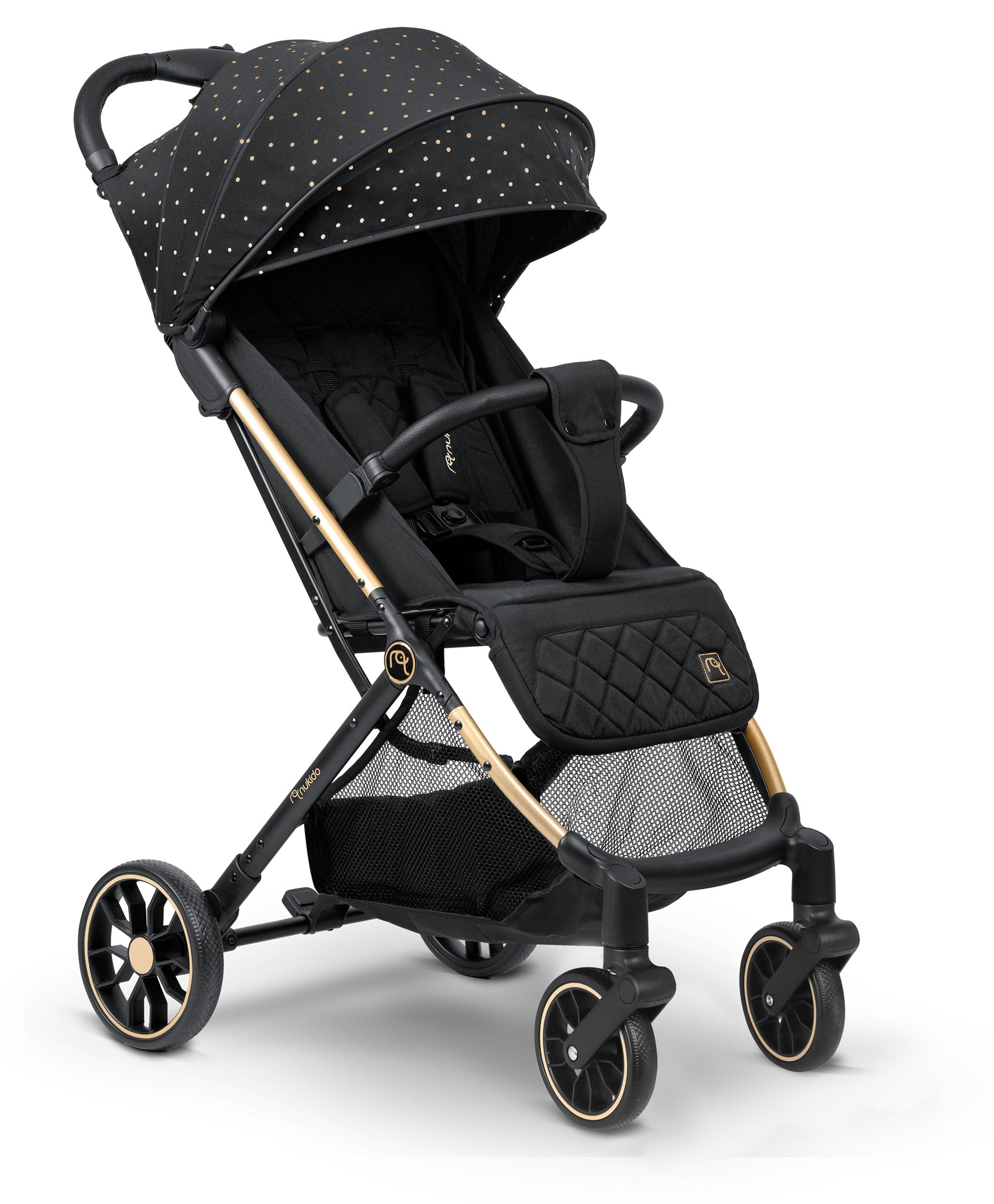 Nukido Silla De Paseo para Bebé con Bolsa De Transporte 0-36 Meses 0-15 kg Plegado Automático En 2 Segundos Ruedas De 360° con Amortiguación Grandes Ruedas Todoterreno Negro Oro Paseo