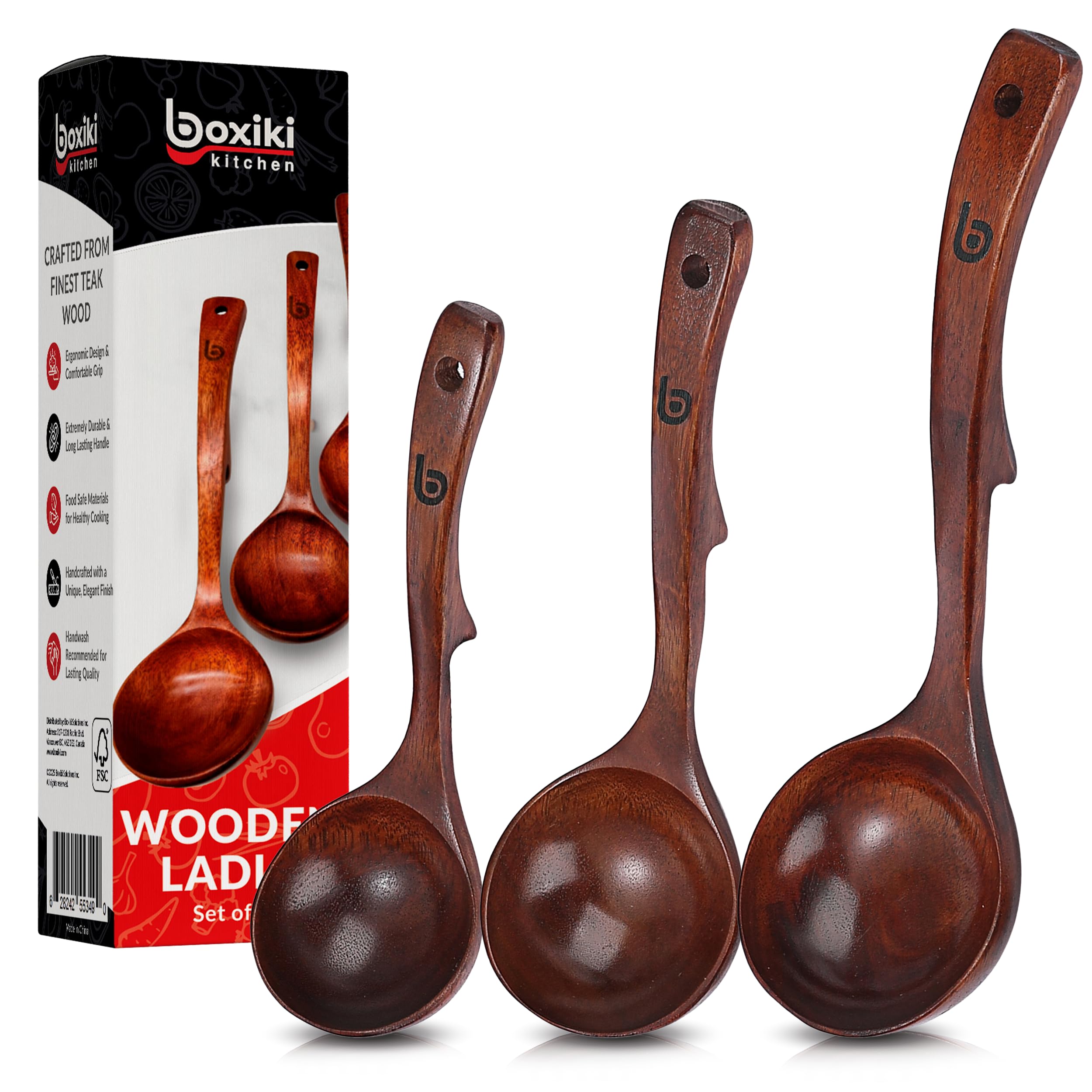 Soup Ladle - Luxury Teak Wood Ladle Set of 3 – Chef-Grade, Eco-Friendly Wooden Cooking Utensils with Reinforced Neck Joint &amp; Anti-Slip Notch Handle – Multi-Size, Gift-Ready Ladle Spoons Set