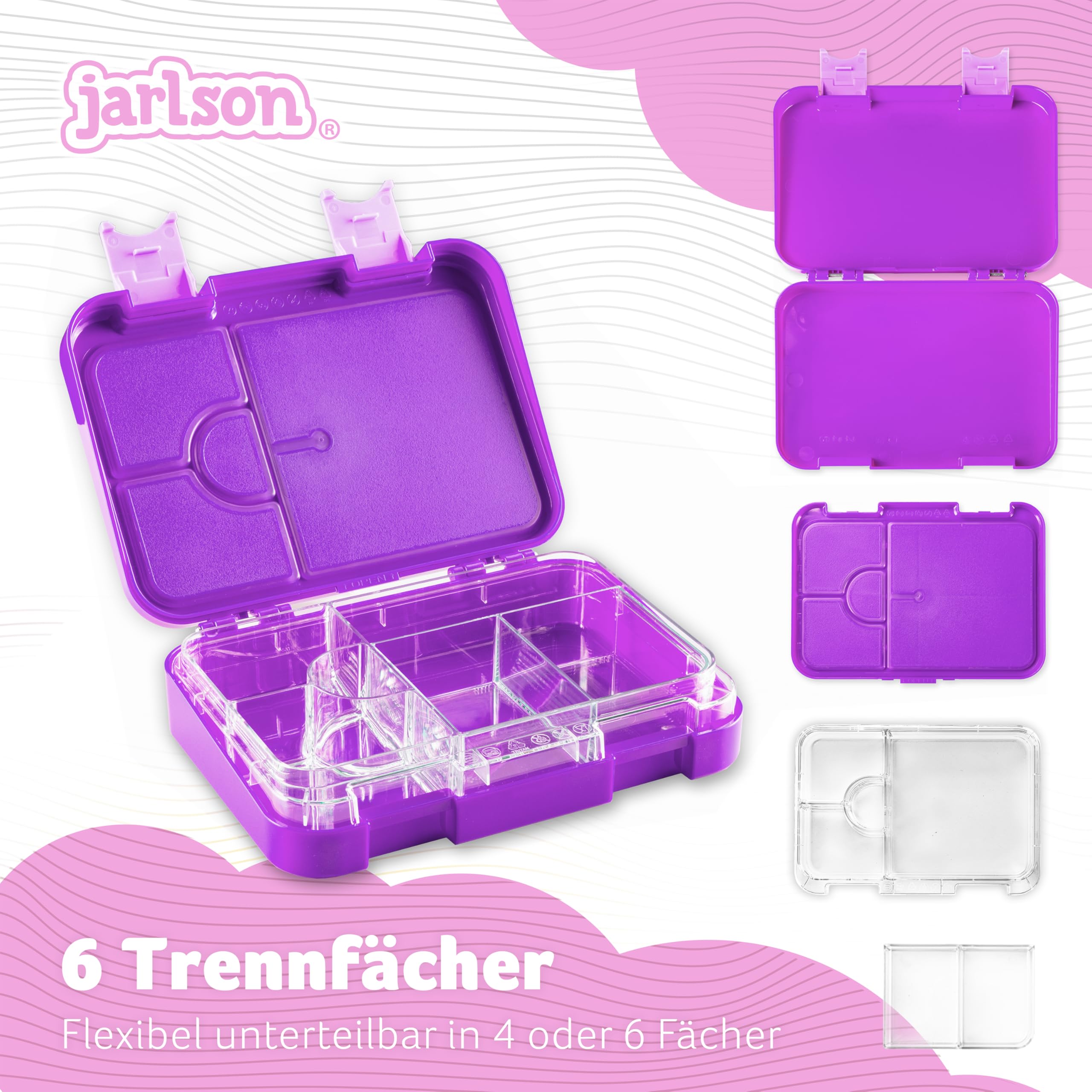 Jarlson® Lunch Box Bambini - Bento Box con 6 Scomparti - Porta Pranzo - Senza BPA - per la Scuola e l'asilo - 850ml (Viola)