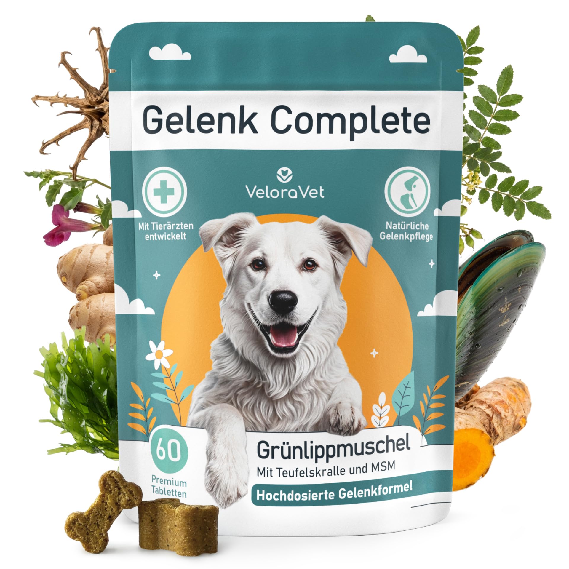 VeloraVet Grünlippmuschel Gelenktabletten Hund – HOCHDOSIERT mit Grünlippmuschelpulver, MSM, Teufelskralle, Glucosamin & Kollagen – Keine Kapseln, hohe Akzeptanz – Gelenk- & Knochenschutz – 60 Stück