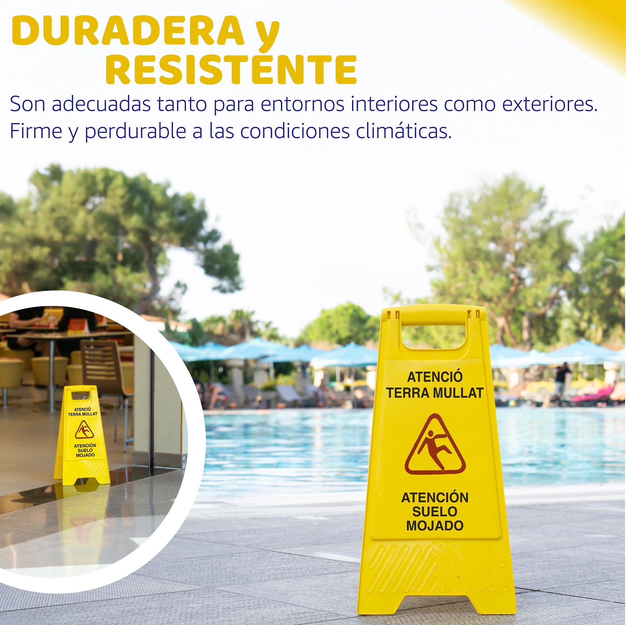PAMEX Señal de Suelo Mojado. Cartel Plegable Señalización Advertencia Mojado Color Amarillo. Advertencia Superficie Resbaladiza. En Castellano y Catalán