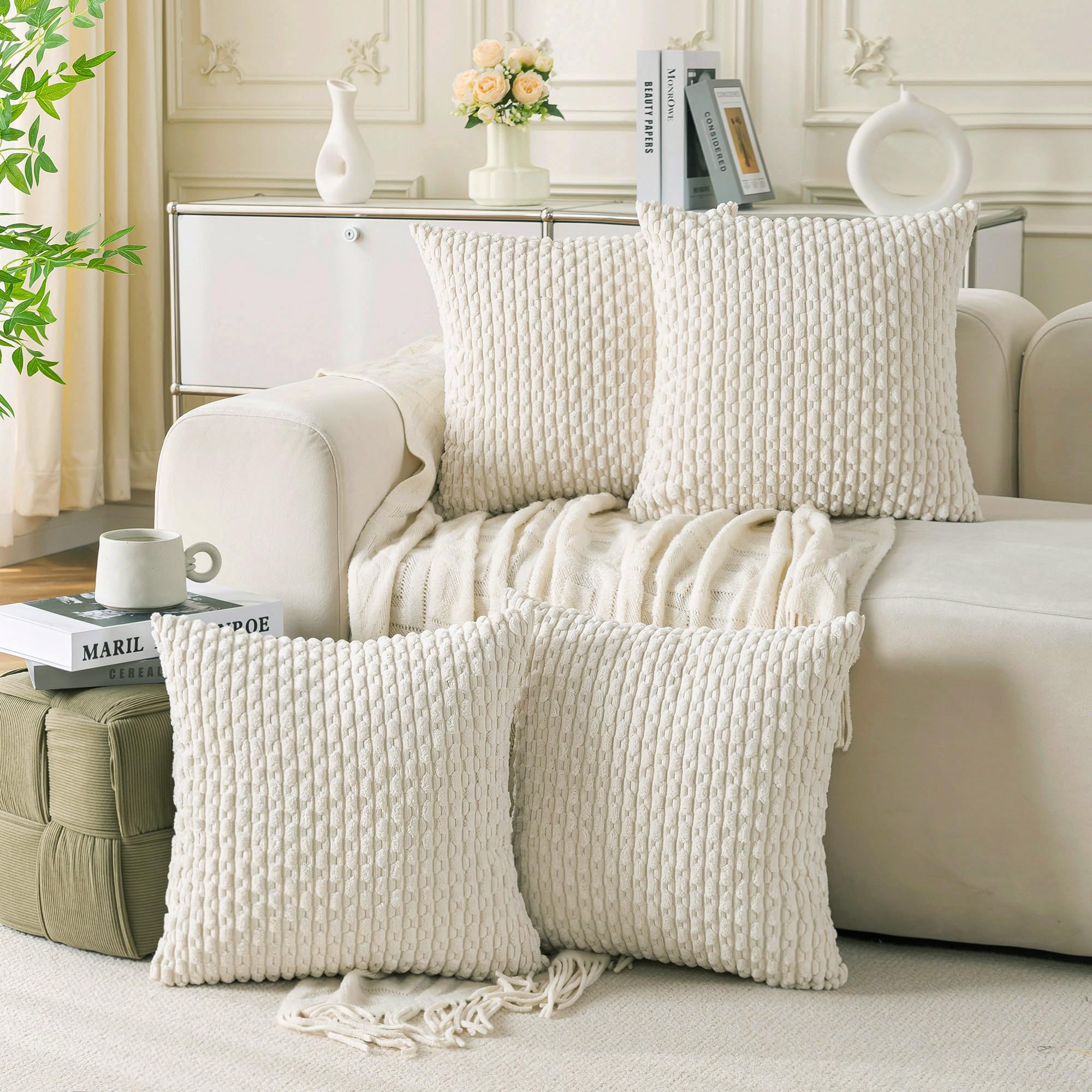 Cozoomy Set of 4 Cream White Decorative Throw Pillow Covers 18x18 Inch Corduroy Pillow Covers for Bed Couch Sofa Living Room Soft Square Cushion Cases